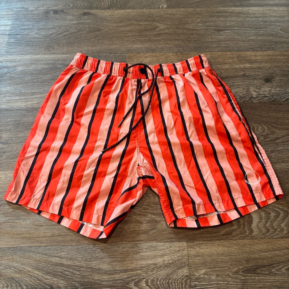 Scotch & Soda Striped Swim Shorts Orange Pink Summer Beach Trunks Men’s Medium